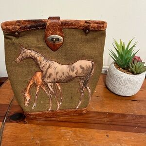 Vintage Canvas Horse Tote Bag with Leather Trim - Olive & Brown
